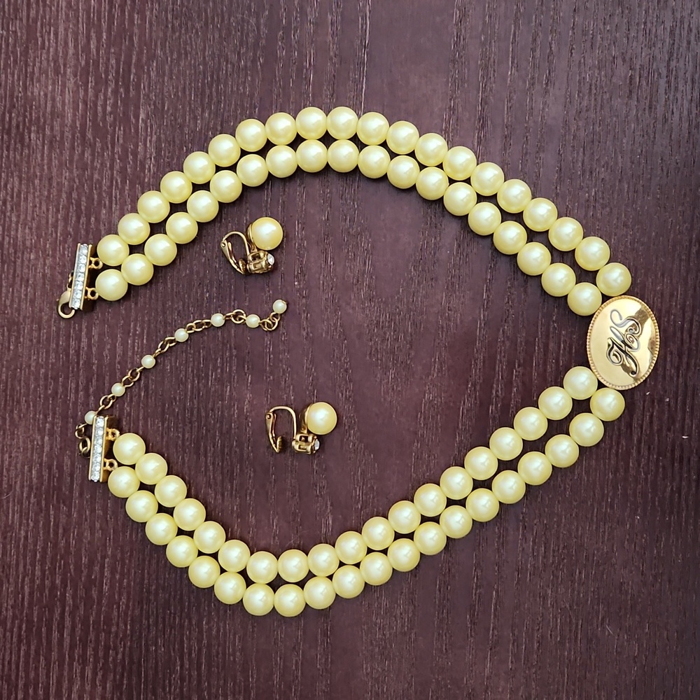 AVON Double Strand Pearl Honor Society Necklace with matching earrings, clip on.